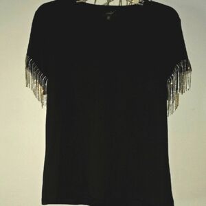 Black Embellished Short Sleeve T-Shirt with Fringe
